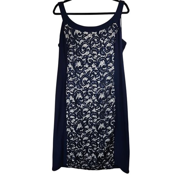 Navy Blue Sleeveless R&M Richards Sequined Lace Bodycon Midi Dress Size 14 - Picture 1 of 8